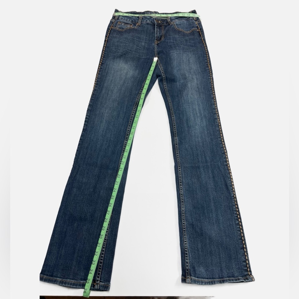 Cowgirl Tuff Western Edge Dark Blue Jeans Womens size 30 X 35 Brown Stitching - Picture 6 of 14